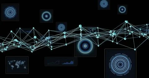 Displaying connected glowing-node network spanning middle of dark digital Stock Illustration
