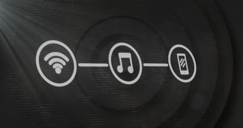 Displaying connecting lines between Wi-Fi icon, music note and smartphone icon Stockfoto's