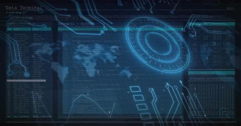 Displaying console interface at computer terminal with code panels, world map Stock Photos