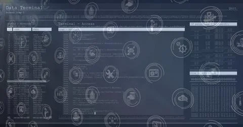 Displaying console window showing code on monitor, with HUD icons, User or Pass Stock-Fotos