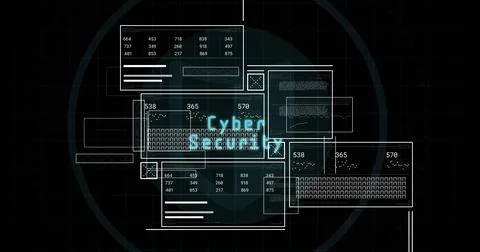 Displaying console windows overlapping dark grid interface, glowing Cyber Stock Illustration