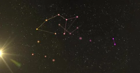 Displaying constellation cluster glowing in night sky, with colored markers, Stock Photos