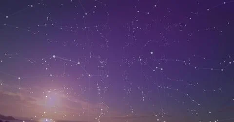Displaying constellation overlay on twilight sky above hills, with white star Stock Photos