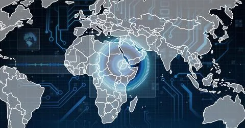 Displaying continent outlines centering radar over East Africa on tech grid, Illustrazione stock