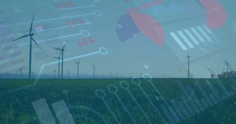 Displaying continuous line of wind turbines towering over green field, with Stock Photos