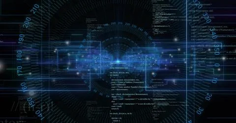 Displaying control panel showing glowing circuitry, circular gauge and code Illustrazione stock