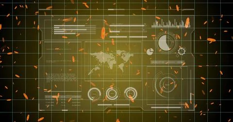 Displaying control panel streaming world map, charts over dark grid with Stock Photos