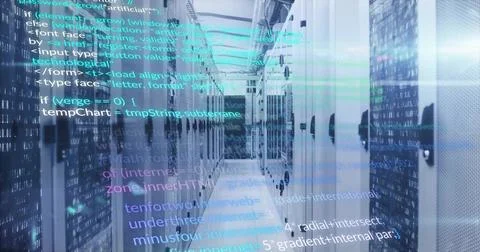 Displaying corridor between server cabinets in facility, with network cables and 스톡 사진