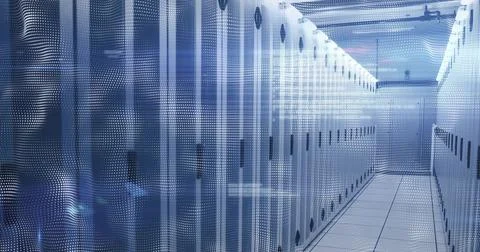 Displaying corridor flanking server cabinets in data center, with LED lights, Stock Illustration