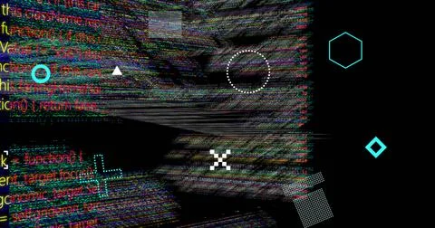 Displaying corrupted data band stretching across screen, with cyan hexagon glyph Foto stock