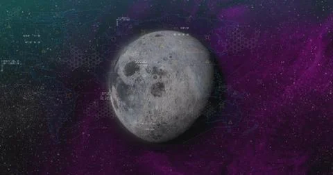 Displaying cratered moon sphere centered in space showing terminator shadow, hex Stock Photos