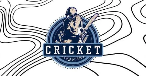Displaying cricket batsman standing on circular badge wearing helmet, with ba Illustrazione stock