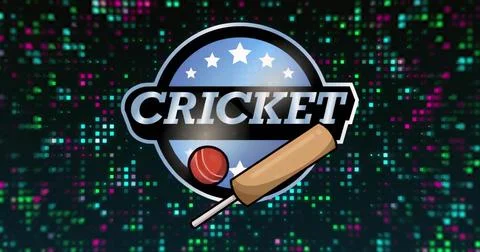Displaying cricket emblem on pixel matrix canvas, showcasing CRICKET text wit Stock Illustration