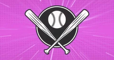 Displaying crossed white bats, baseball icon on black circle in pink backdrop イラスト素材