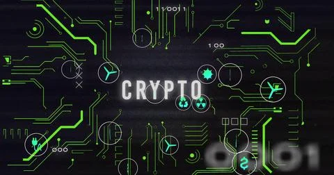 Displaying CRYPTO letters glowing on dark interface, highlighting green circuit Stock Illustration