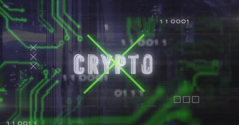 Displaying CRYPTO text pulsing under green X in data center, with circuit traces Stock Illustration