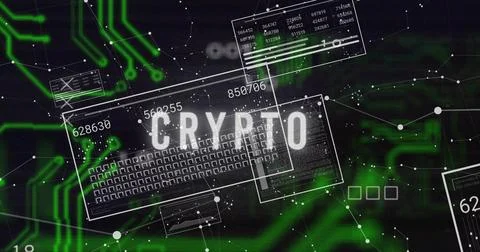 Displaying CRYPTO text in virtual network interface, with floating data panels Stock Photos