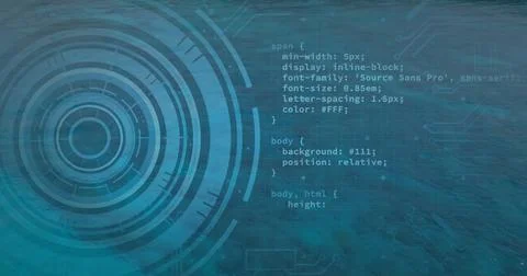 Displaying CSS code snippet scrolling in digital design with circular interface Stock Photos