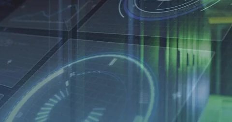 Displaying cubes with grid lines in 3D space, with holographic radial gauges  Illustrazione stock