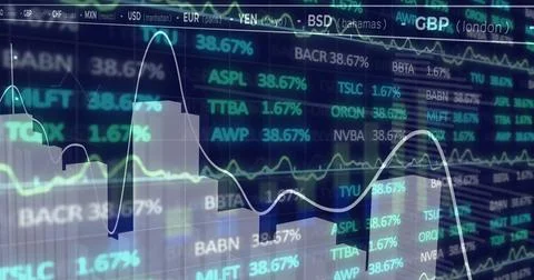 Displaying currency codes and tickers on screen with % values, line and bar Foto stock