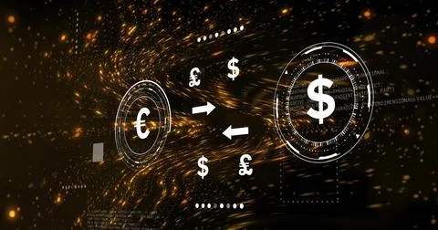 Displaying currency conversion in data tunnel, with euro and dollar icons and Stockfoto's