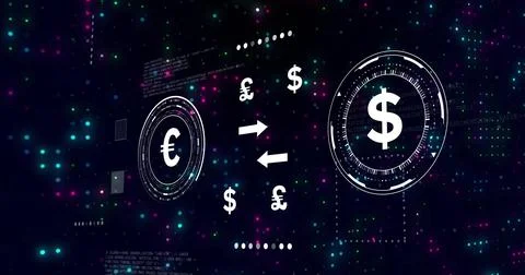 Displaying currency exchange in digital interface, with euro and dollar HUDs and Foto stock