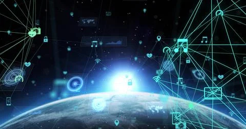 Displaying curved Earth horizon in outer space with solar flare, neon network Stock Illustration