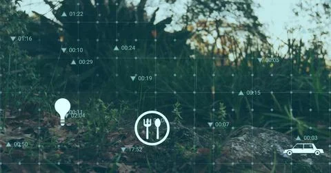 Displaying cutlery icon overlaying data grid on forest floor with lightbulb and Stock Photos