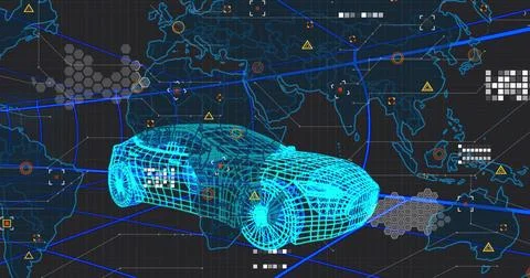 Displaying cyan 3D wireframe car model rotating in control hub, with world map, Illustrazione stock