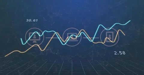 Displaying cyan and yellow waveform lines running on deep blue grid, with Stock Illustration