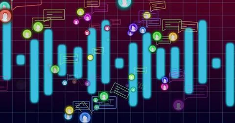 Displaying cyan bars forming waveform over purple grid interface, with neon chat Stock Photos