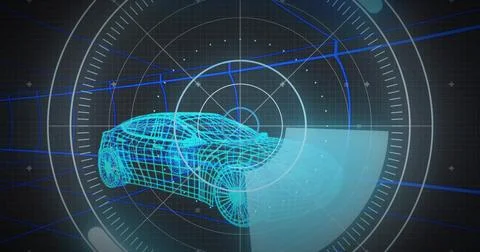 Displaying cyan-blue 3D wireframe car model rotating in virtual HUD, with sca Stock Illustration