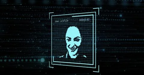 Displaying cyan-blue pixelated face scanning in digital interface, with grid Stock Illustration