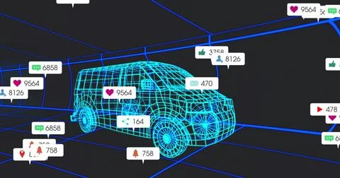 Displaying cyan-blue wireframe van model rotating in dark grid, with floating 스톡 일러스트
