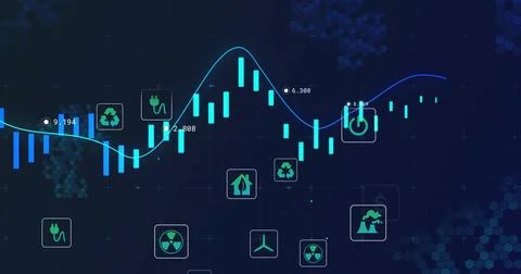 Displaying cyan candlestick bars and blue green trend line on dashboard, with Stock Illustration
