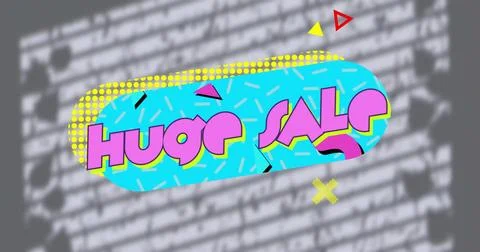 Displaying cyan capsule reading HUGE SALE on gray backdrop, showing magenta Illustrazione stock
