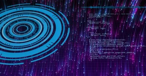 Displaying cyan concentric rings over dark grid with magenta streaks and code Illustrazione stock