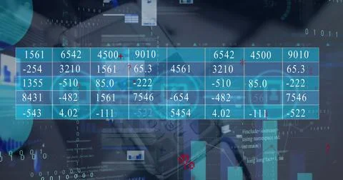 Displaying cyan data table overlay centered at office, showing tablet and Stock Photos