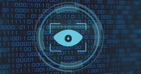 Displaying cyan eye within target frame, floating over navy binary code with イラスト素材