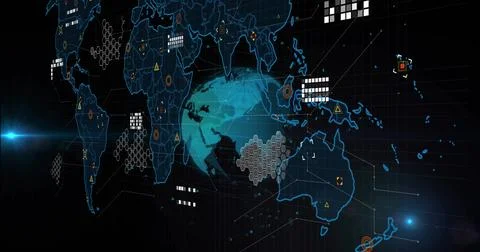 Displaying cyan globe floating over digital dashboard, showing blue map, hex Illustrazione stock