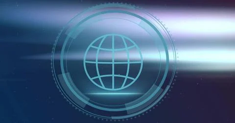 Displaying cyan hologram globe inside concentric HUD rings over deep gradient Stock Illustration