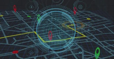Displaying cyan holographic interface over dark grid, tracing yellow route and Stock Photos