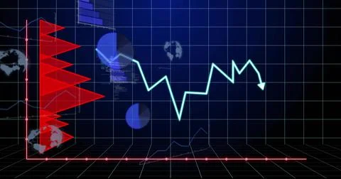 Displaying cyan jagged line chart plunging with down-arrow across 3D dashboard, 스톡 일러스트