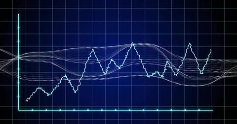Displaying cyan line chart and white dotted waveform on light-blue grid screen, イラスト素材