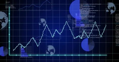 Displaying cyan line chart tracing fluctuations on dark blue grid, with circl Stock Illustration