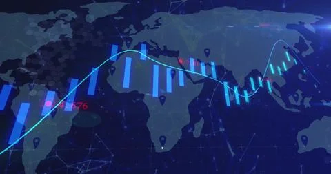 Displaying cyan line graph with blue candlesticks overlaying virtual dashboard Stockillustratie