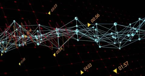Displaying cyan nodes linked by blue and red lines over tilted black grid with Stock Photos