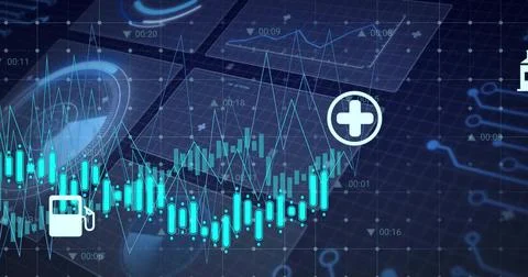 Displaying cyan or teal candlestick chart with fluctuating line and fuel, Stock Illustration