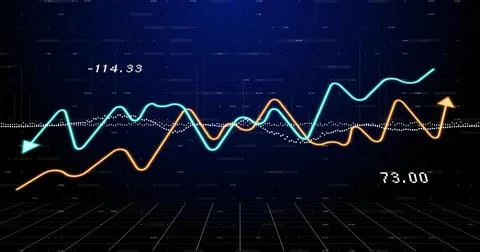 Displaying cyan-orange line graphs, dotted trendline on analytics grid showing 스톡 일러스트