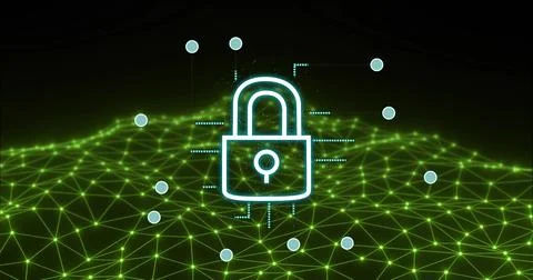 Displaying cyan padlock icon linking to green wire mesh, glowing nodes, dotted Illustrazione stock